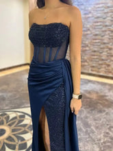Mermaid Navy Blue Formal Dress Strapless Sequins with High Slit